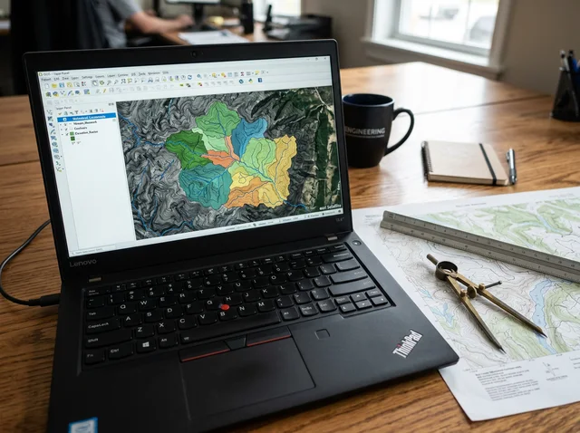 GIS workstation with a catchment delineation map in QGIS